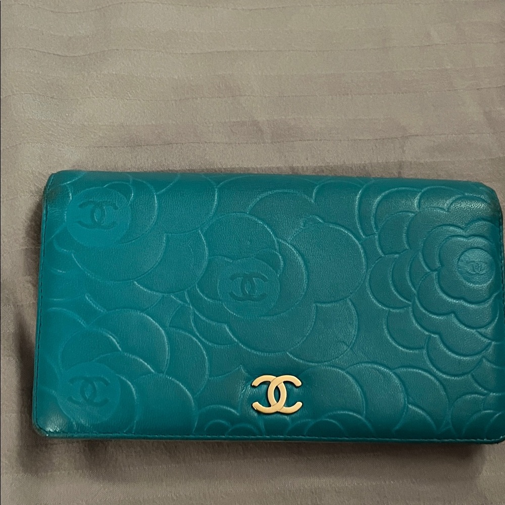 CHANEL Teal Embossed Floral Wallet